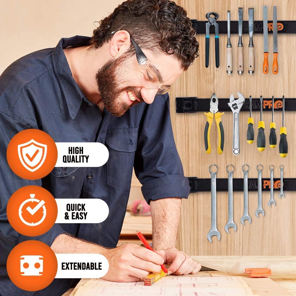 12 Magnetic Tool Holder Strip - A Tool Magnet Bar for Garage Organization, Shop Organization, and Workbench Accessories, Best Gift for Men, Easy To Install in Workshop, Mounting Screws Included.