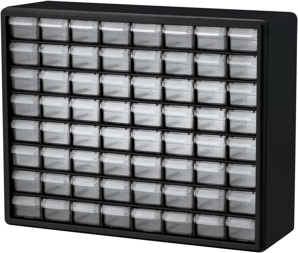 Akro-Mils 10164, 64 Drawer Plastic Parts Storage Hardware and Craft Cabinet, 20-Inch W x 6-Inch D x 16-Inch H, Black