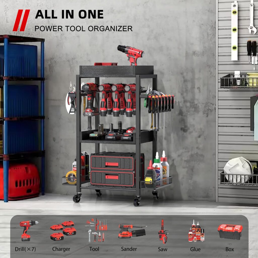 Power Tool Organizer Garage Storage Organization Shelving Tool Holder Drill Rack Shelf Rolling Cart Open Tool Chest Cabinet Box Organizer with Wheels Workshop Garage Gift Ideas for Men Dad