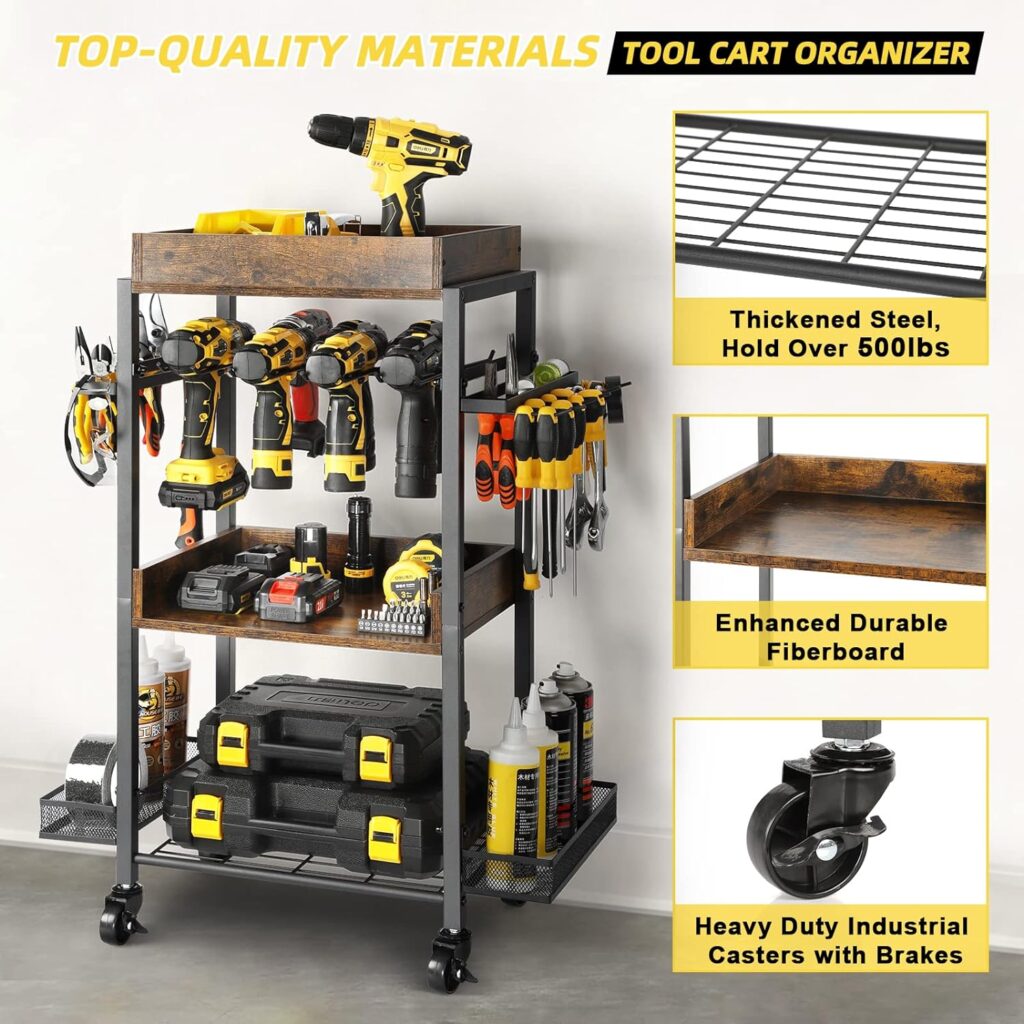 Power Tool Organizer Garage Storage Organization Shelving Tool Holder Drill Rack Shelf Rolling Cart Open Tool Chest Cabinet Box Organizer with Wheels Workshop Garage Gift Ideas for Men Dad