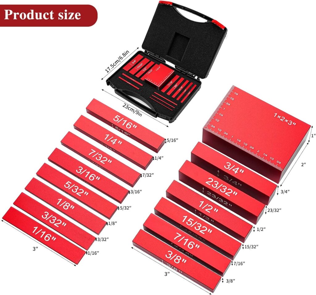 Setup Blocks Height Gauge Set, Packing 15 PCS Precision Solid Aluminum Router Table Saw Fence Set Up Bars for Woodworking ，Laser Engraved Size Markings， Easy Read Laser Etched Sizes,Storage Case